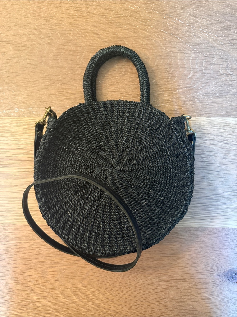 Clare V. Black Round Woven Shoulder Bag with Handles